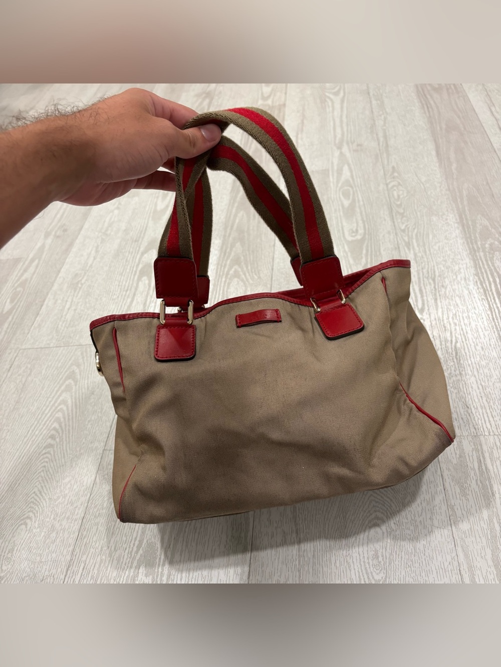 Canvas Tote Bag with Red Trim and Striped Handles